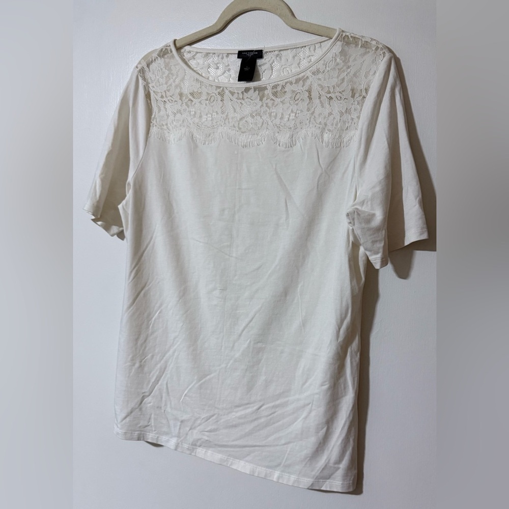 Ann Taylor Lace Yoke Short Sleeve Top Cotton Blend Knit Blouse Large - Picture 5 of 7